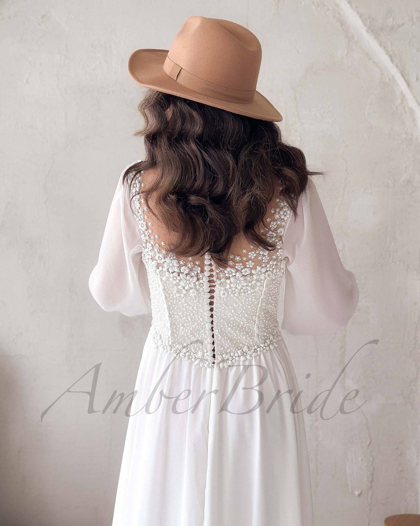 Boho A Line Chiffon Wedding Dress with Long Puffy Sleeve and Floral Appliques