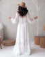 Boho A Line Chiffon Wedding Dress with Long Puffy Sleeve and Floral Appliques