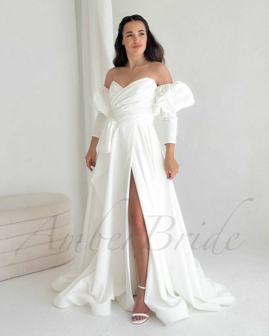 Strapless A Line Satin Wedding Dress with Detachable Bishop Sleeves