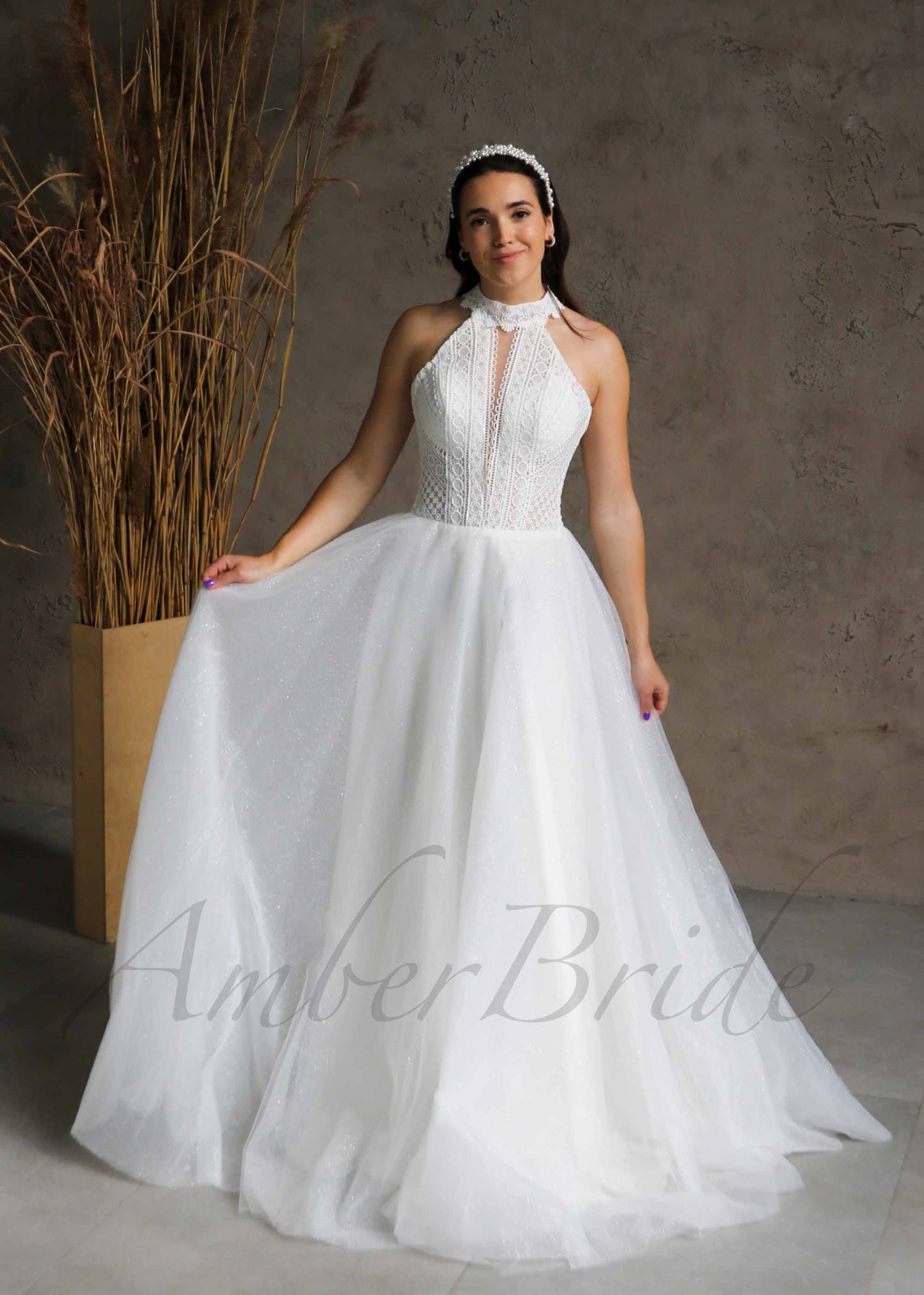 Boho Halter Neck Lace Wedding Dress with Low Back