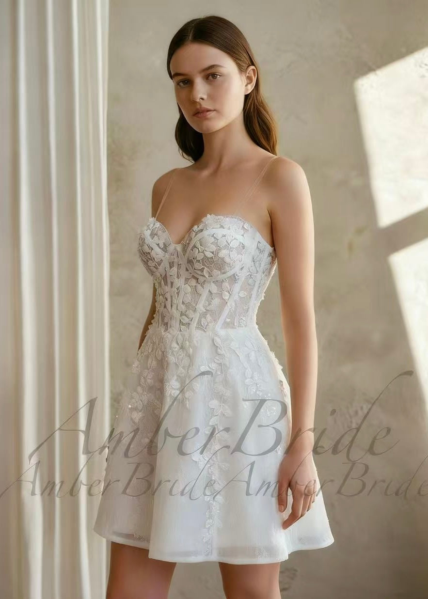 Short Floral Strapless Wedding Reception Dress with Sheath Silhouette
