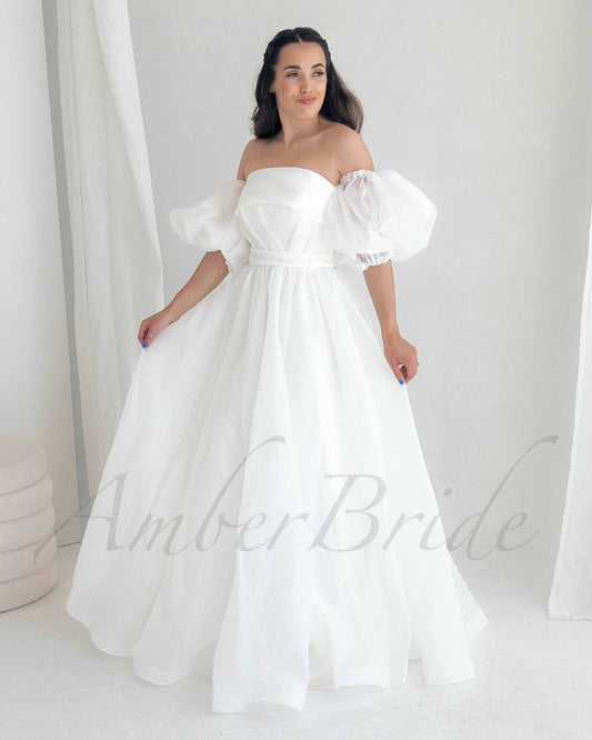 Elegant A Line Organza Wedding Dress with Strapless Design and Puffed Sleeves