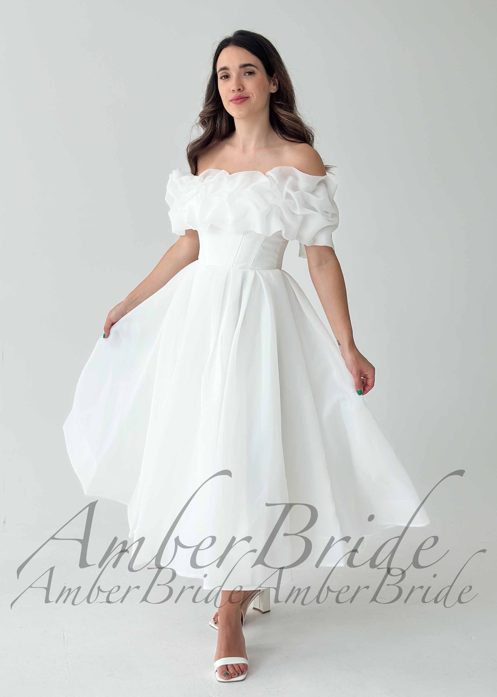 Ruffled Neckline Off Shoulder Organza Tea Length Dress for Weddings Ruffled Neckline Off Shoulder Organza Tea Length Dress for Weddings