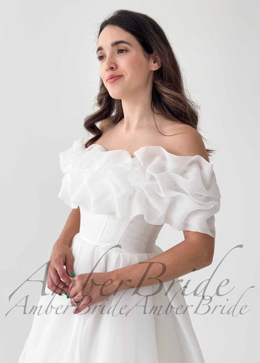 Ruffled Neckline Off Shoulder Organza Tea Length Dress