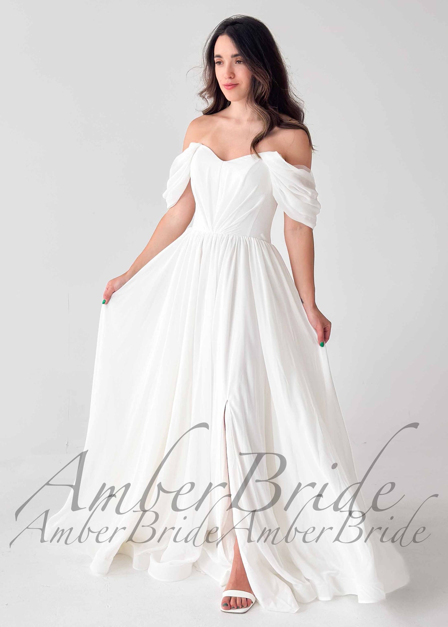 Simple Off Shoulder Chiffon Wedding Dress with Flowy A Line Silhouette