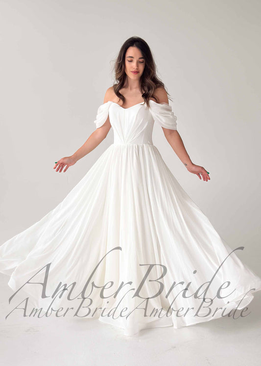 Simple Off Shoulder Chiffon Wedding Dress with Flowy A Line Silhouette