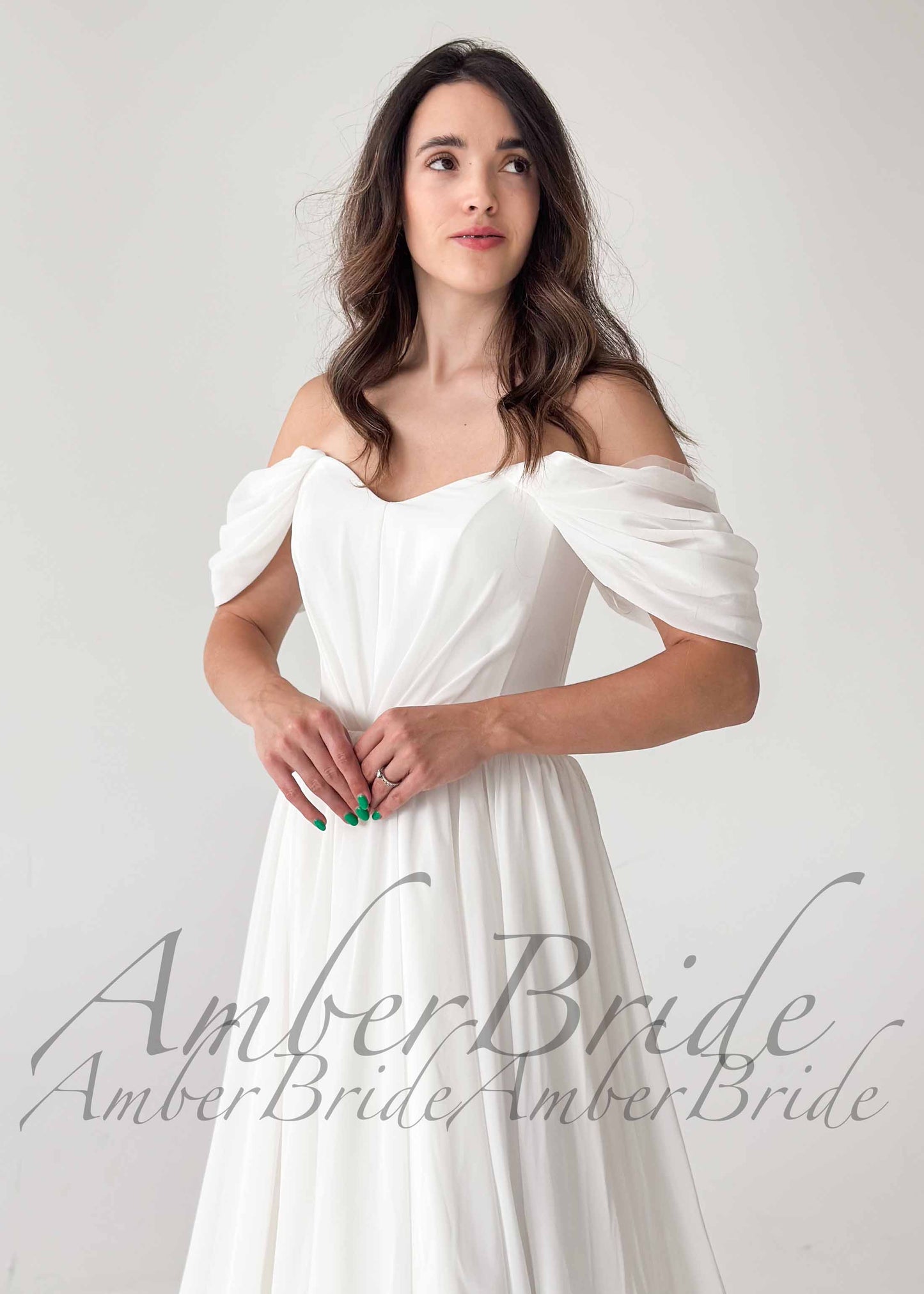 Simple Off Shoulder Chiffon Wedding Dress with Flowy A Line Silhouette