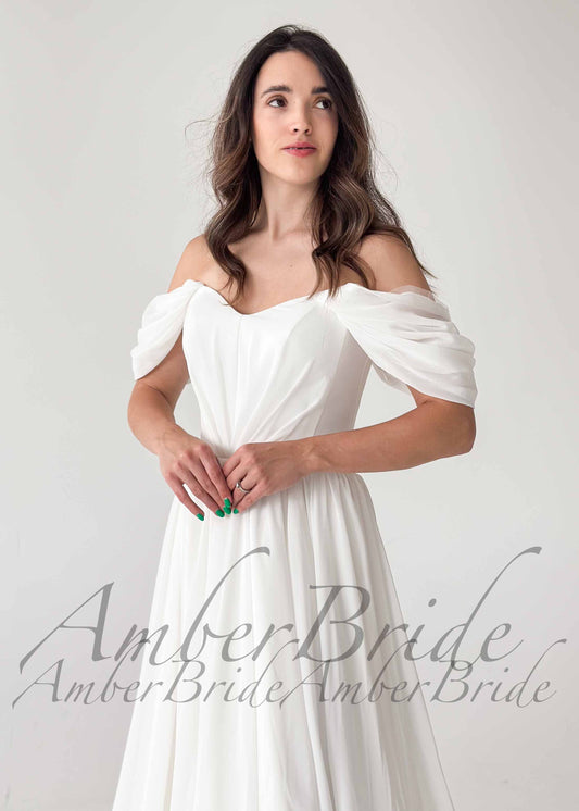 Simple Off Shoulder Chiffon Wedding Dress with Flowy A Line Silhouette