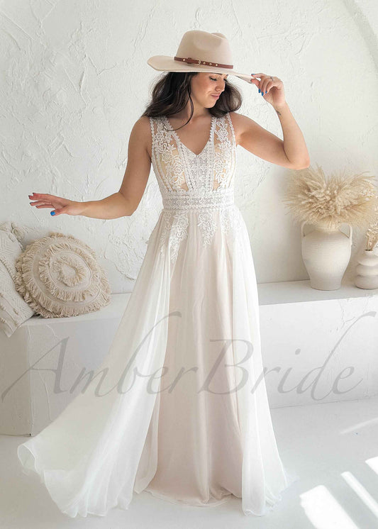 Rustic A Line Floral Wedding Dress with Flowy Chiffon Skirt