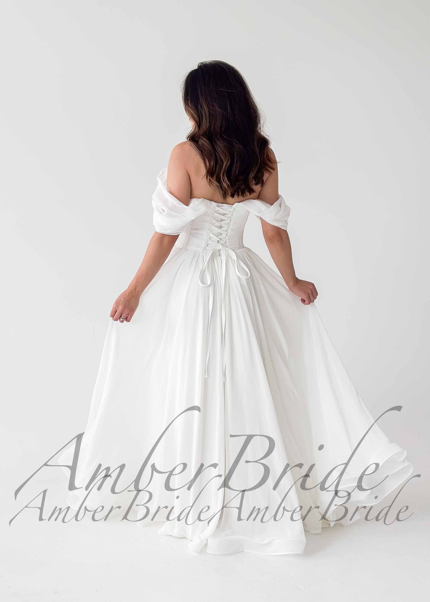 Simple Off Shoulder Chiffon Wedding Dress with Flowy A Line Silhouette