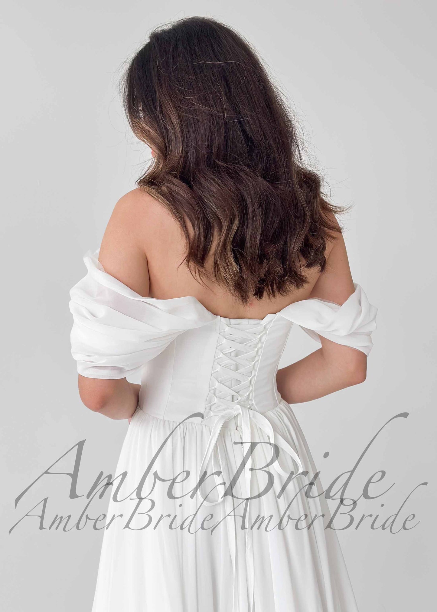 Simple Off Shoulder Chiffon Wedding Dress with Flowy A Line Silhouette