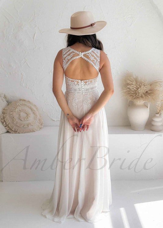 Rustic A Line Floral Wedding Dress with Flowy Chiffon Skirt