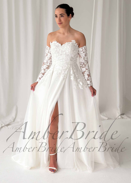 Floral Applique Strapless A-Line Wedding Dress with Slit and Detachable Long Sleeves