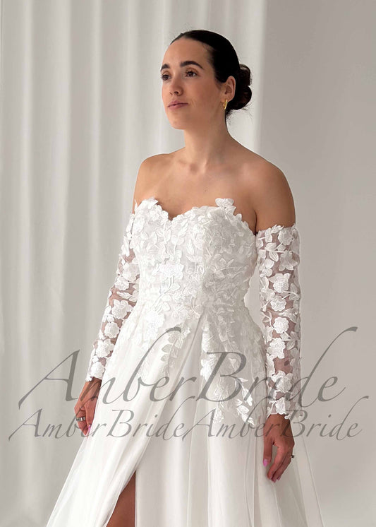 Floral Applique Strapless A-Line Wedding Dress with Slit and Detachable Long Sleeves