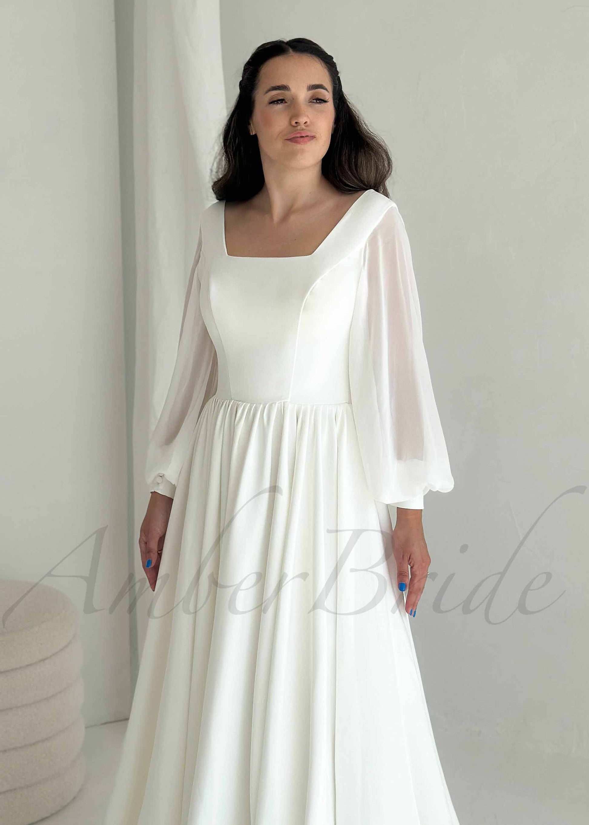 Square Neck Chiffon A-Line Wedding Dress with Puffy Sleeves | AmberBride Square Neck Chiffon A-Line Wedding Dress with Puffy Sleeves | AmberBride