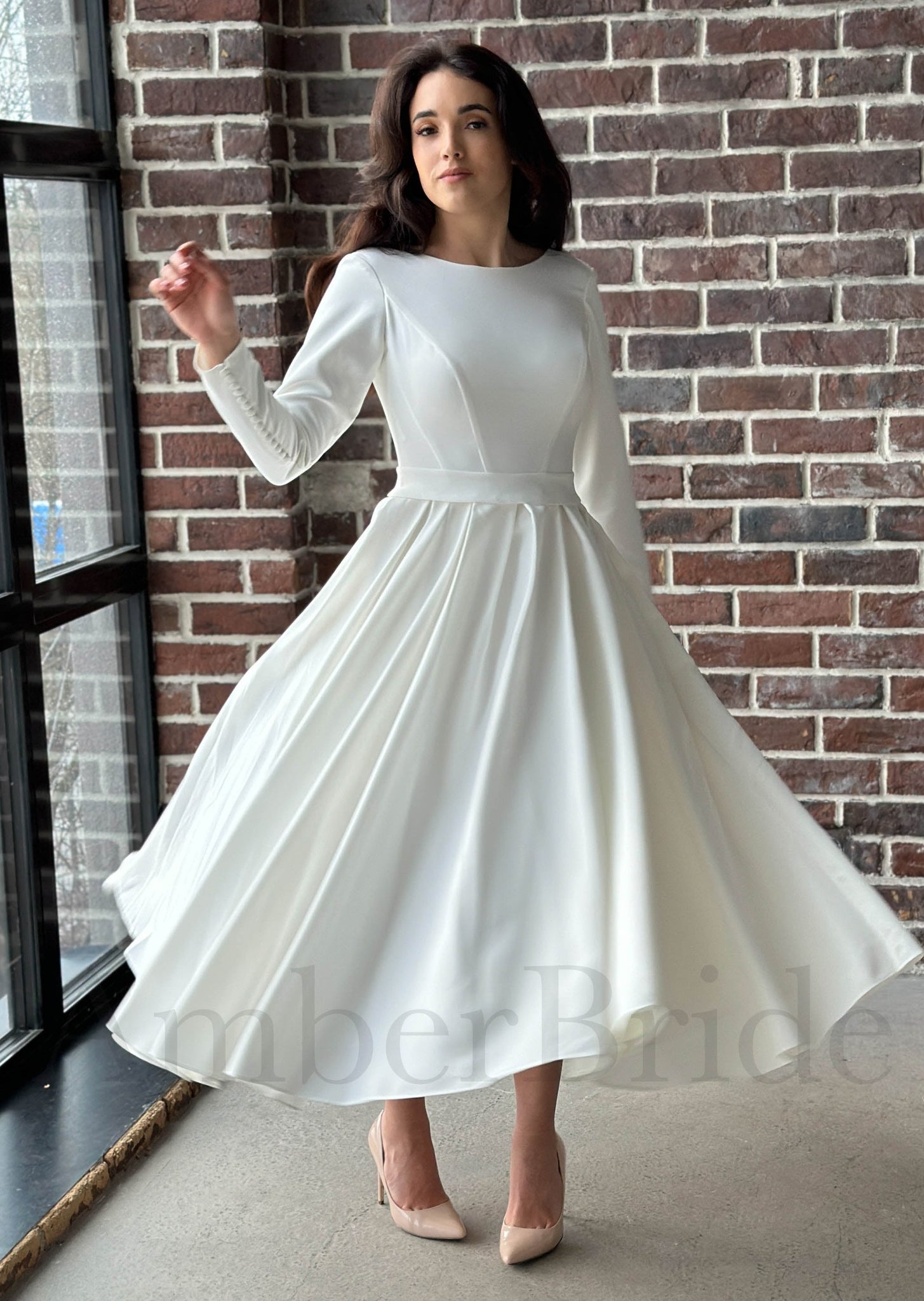 Sophisticated Satin A-Line Tea Length Dress with Half Sleeves and