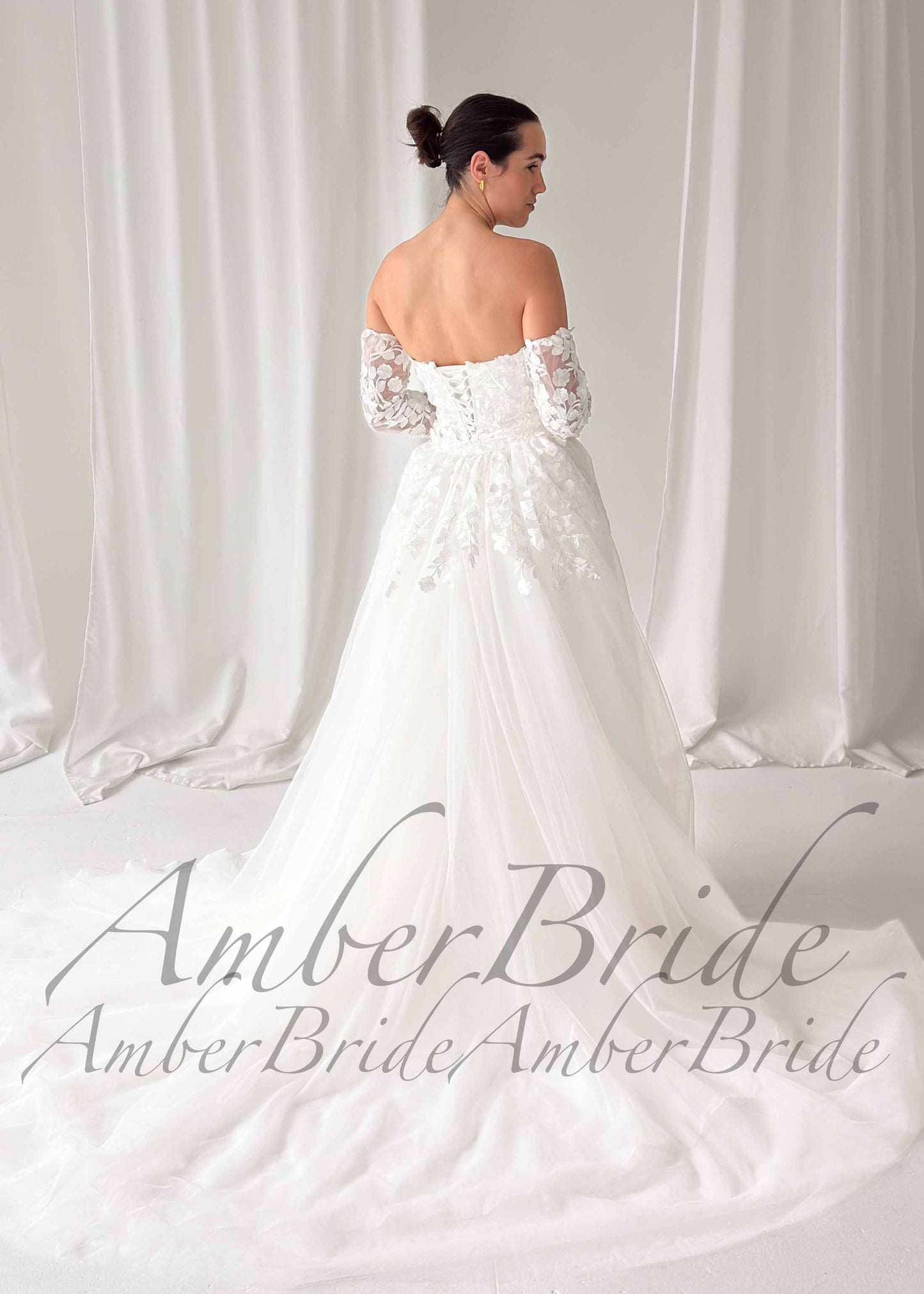 Floral Applique Strapless A-Line Wedding Dress with Slit and Detachable Long Sleeves