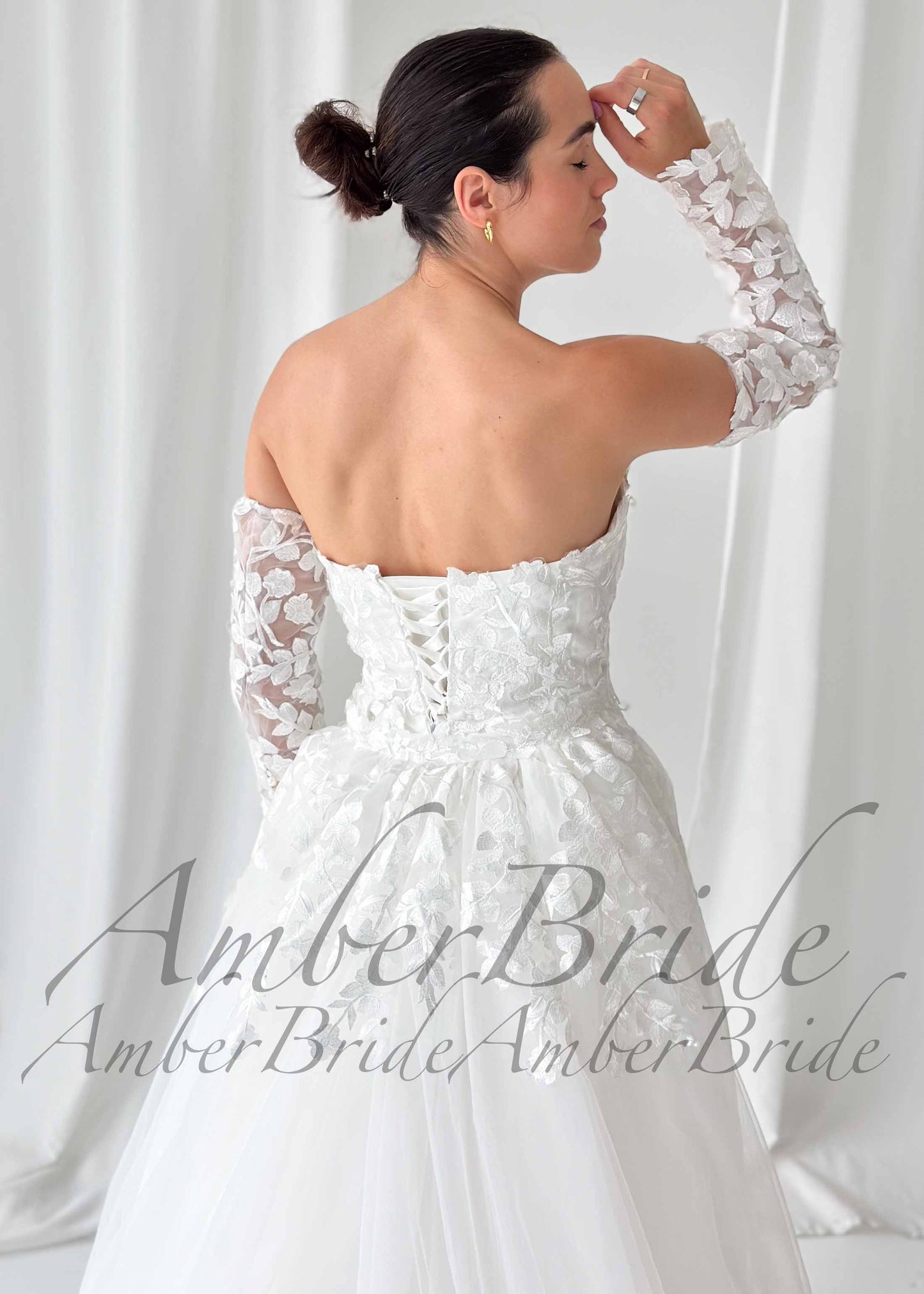 Floral Applique Strapless A-Line Wedding Dress with Slit and Detachable Long Sleeves