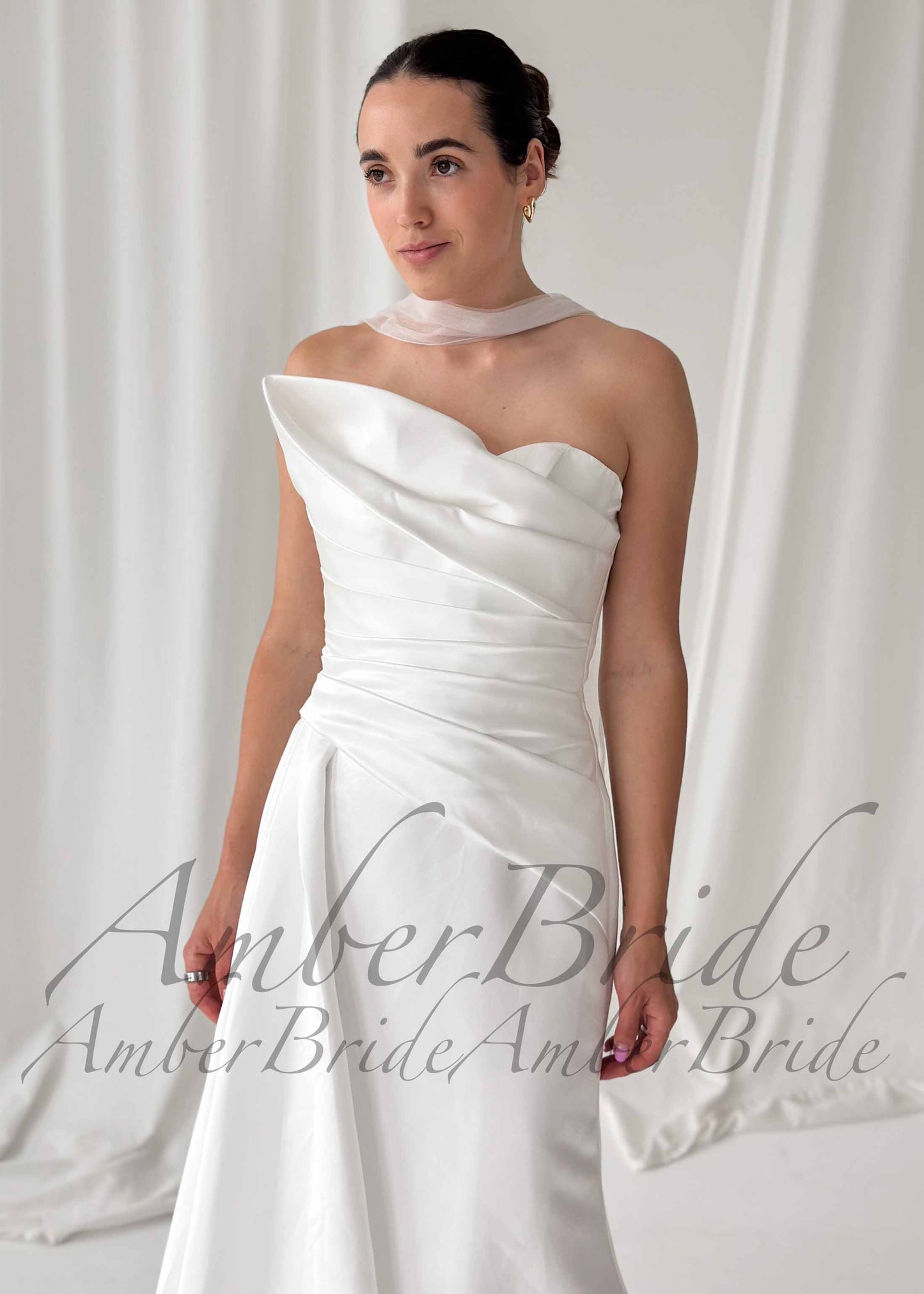 Draped Satin Strapless Wedding Dress with Sculptural Bodice and Corset Back