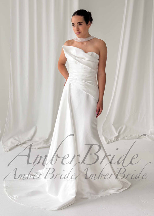 Draped Satin Strapless Wedding Dress with Sculptural Bodice and Corset Back