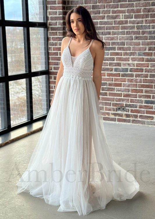 Boho A-Line Wedding Dress with Tulle Skirt and Deep V-Neck Lace Top