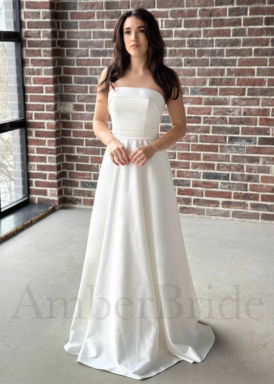 Classic A-Line Satin Wedding Dress with Strapless Straight Neckline