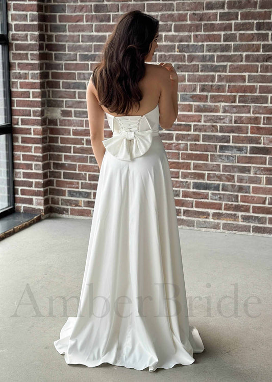 Classic A-Line Satin Wedding Dress with Strapless Straight Neckline