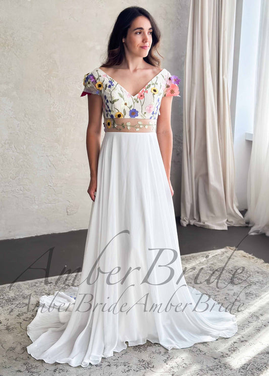 Boho A-Line Wedding Dress with Colorful Floral Embroidery and Cap Sleeves