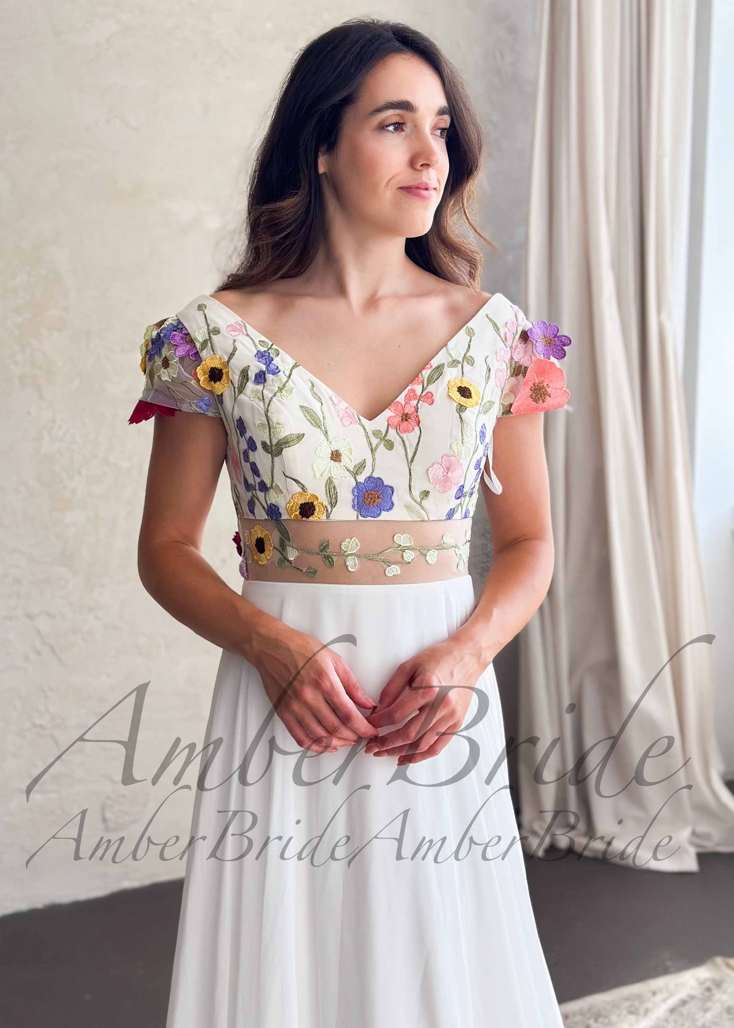 Boho A-Line Wedding Dress with Colorful Floral Embroidery and Cap Sleeves