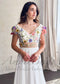 Boho A-Line Wedding Dress with Colorful Floral Embroidery and Cap Sleeves