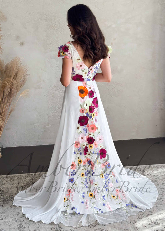 Boho A-Line Wedding Dress with Colorful Floral Embroidery and Cap Sleeves