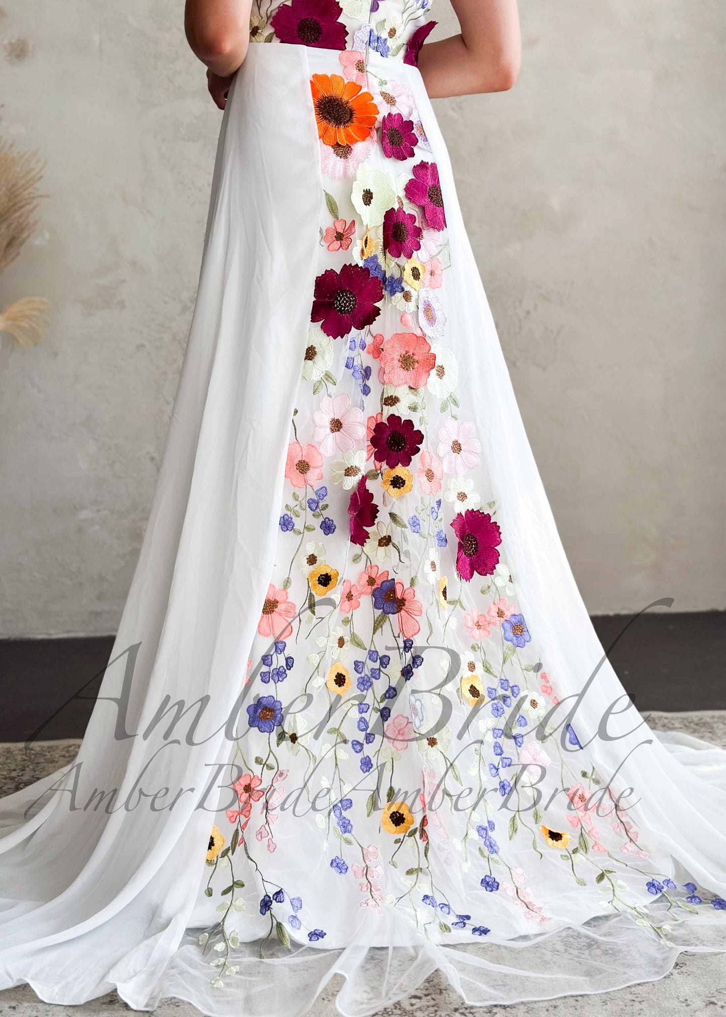 Boho A-Line Wedding Dress with Colorful Floral Embroidery and Cap Sleeves
