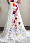 Boho A-Line Wedding Dress with Colorful Floral Embroidery and Cap Sleeves