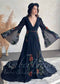 Bohemian Black A-Line Wedding Dress with Floral Embroidery and Flowing Bell Sleeves