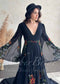Bohemian Black A-Line Wedding Dress with Floral Embroidery and Flowing Bell Sleeves