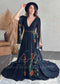 Bohemian Black A-Line Wedding Dress with Floral Embroidery and Flowing Bell Sleeves