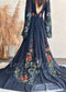 Bohemian Black A-Line Wedding Dress with Floral Embroidery and Flowing Bell Sleeves
