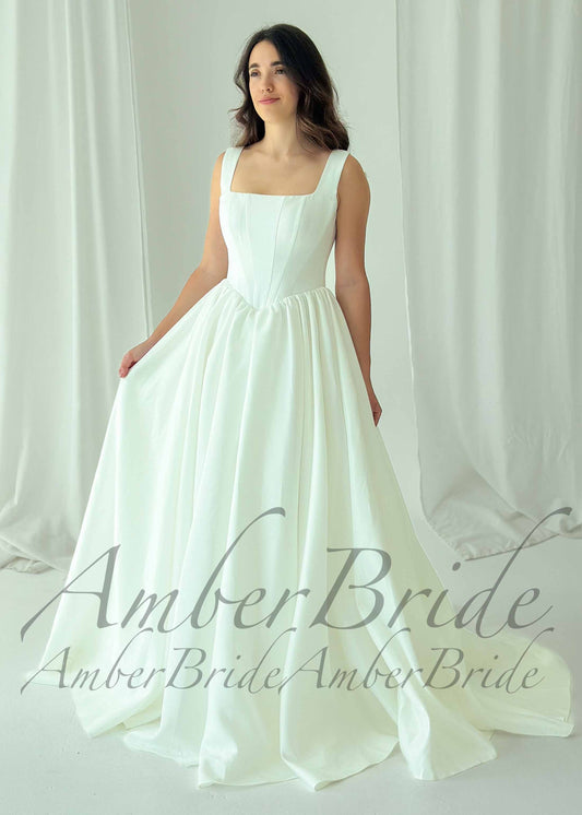 Square Neck Satin A-Line Wedding Dress with Basque Waistline and Corset Back