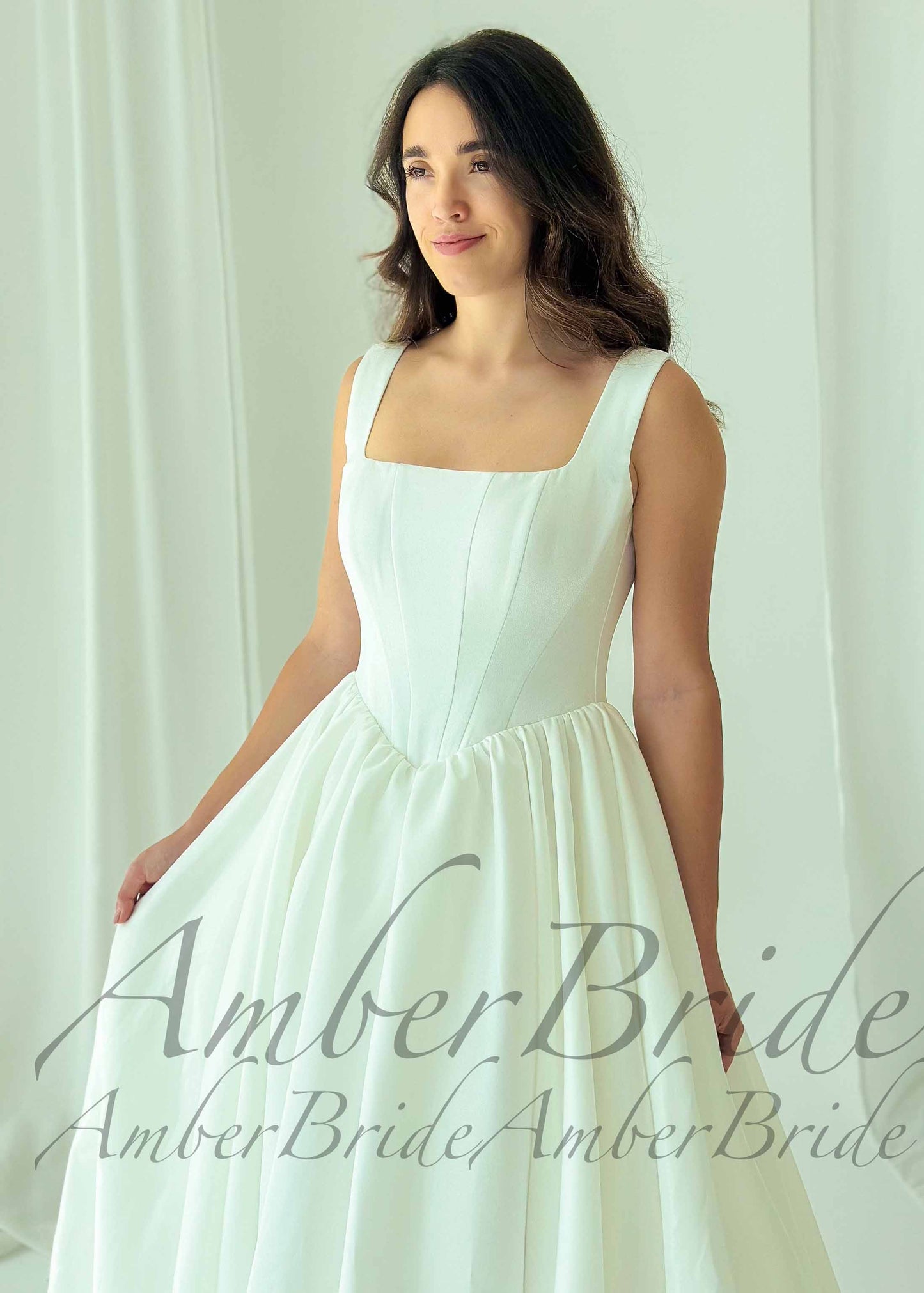 Square Neck Satin A-Line Wedding Dress with Basque Waistline and Corset Back