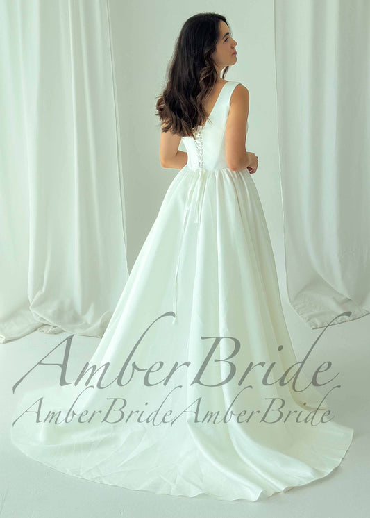 Square Neck Satin A-Line Wedding Dress with Basque Waistline and Corset Back
