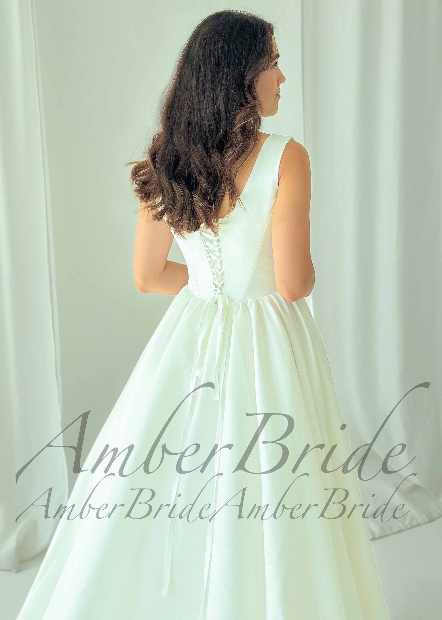 Square Neck Satin A-Line Wedding Dress with Basque Waistline and Corset Back
