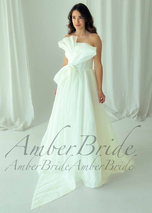 Modern Asymmetrical Organza Wedding Dress with Sculptural Bow