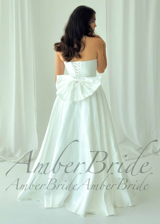 Modern Minimalist A-Line Satin Wedding Dress with Statement Bow
