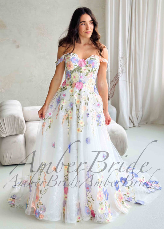 Colorful Floral Wedding Dress with Detachable Puffy Sleeves
