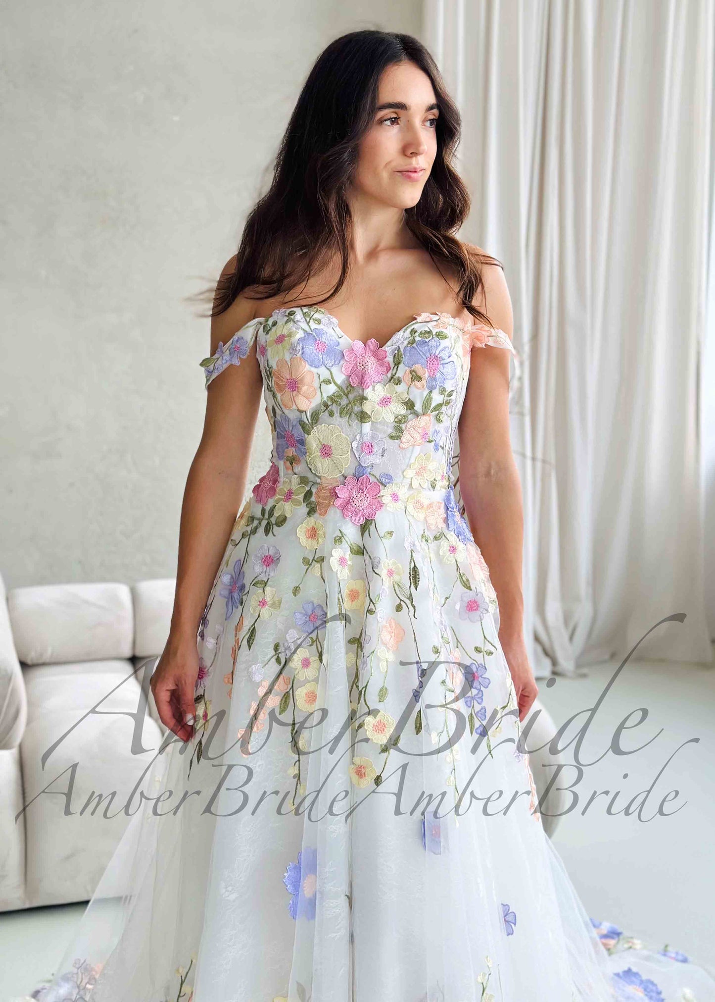 Colorful Floral Wedding Dress with Detachable Puffy Sleeves