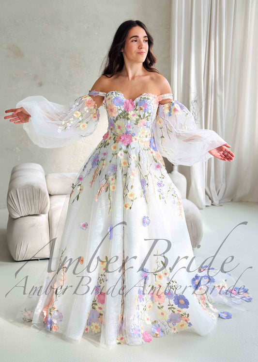Colorful Floral Wedding Dress with Detachable Puffy Sleeves
