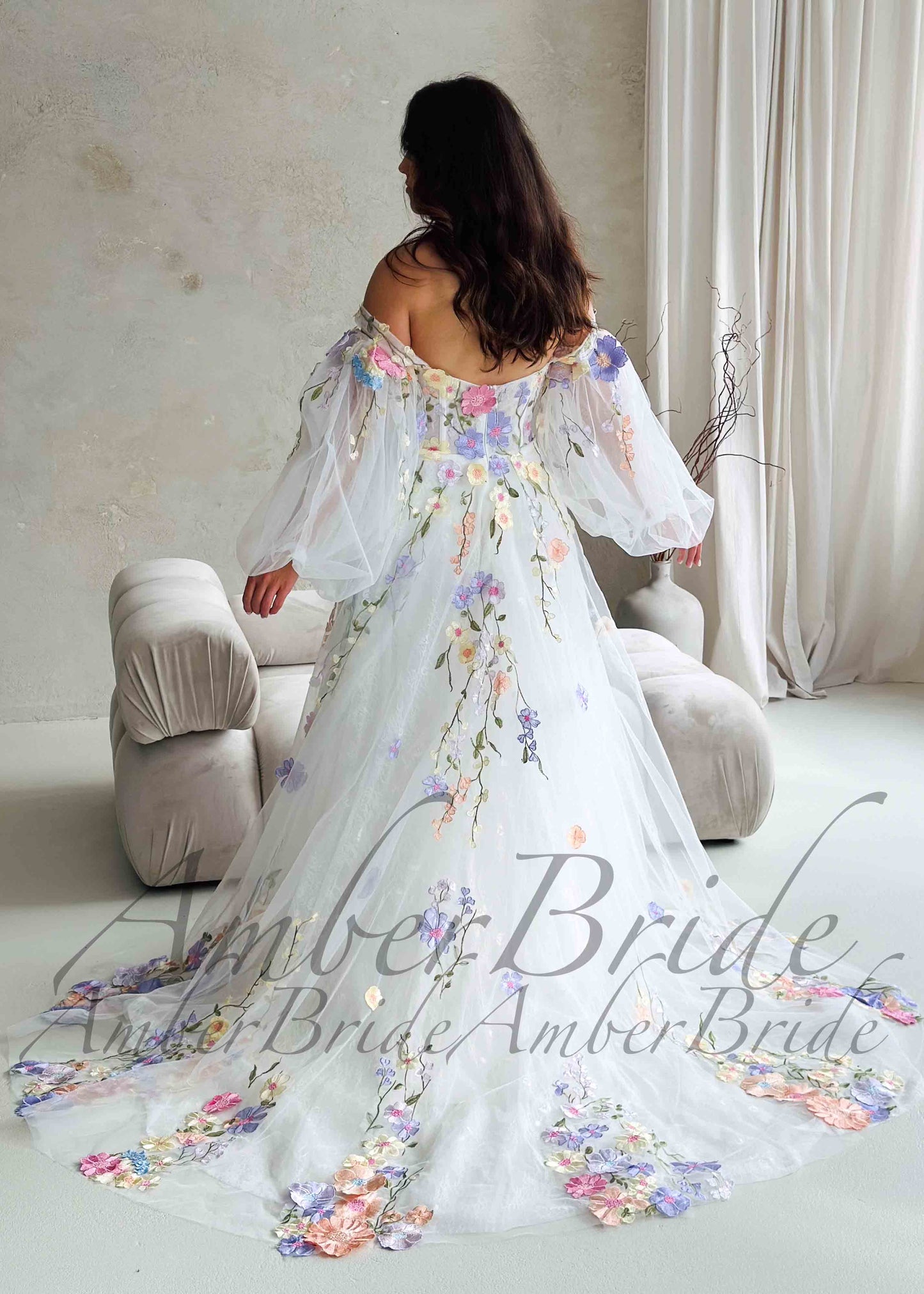 Colorful Floral Wedding Dress with Detachable Puffy Sleeves
