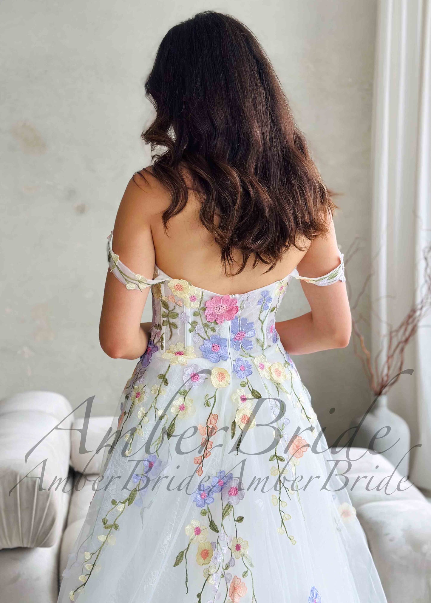Colorful Floral Wedding Dress with Detachable Puffy Sleeves