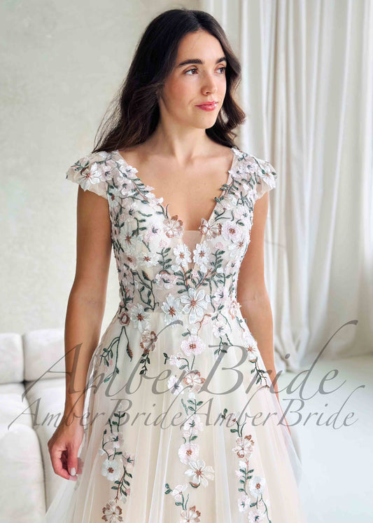 Romantic A-Line Wedding Dress with Floral Embroidery and Cap Sleeve