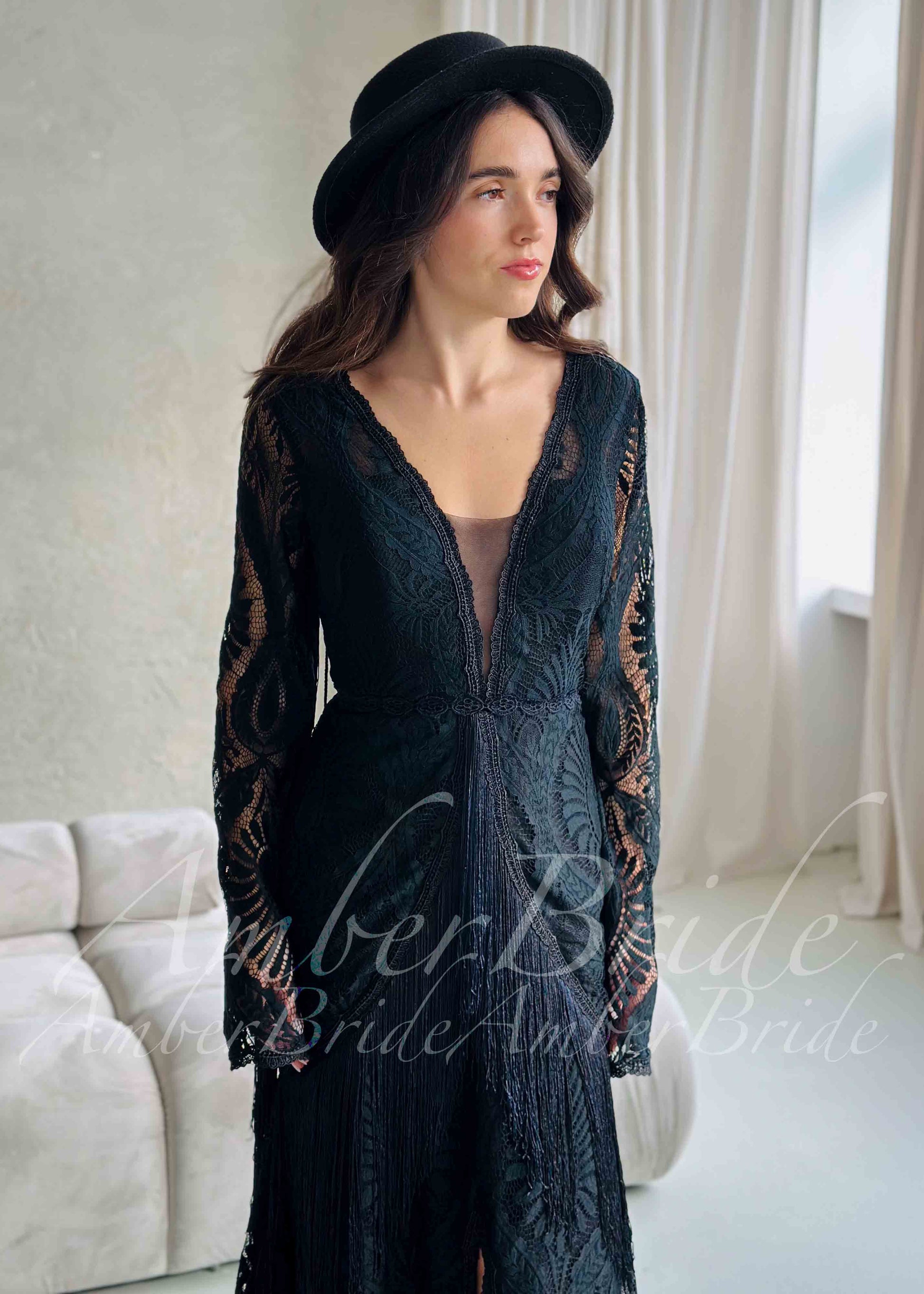 Bohemian Black Lace Wedding Dress with Fringe Sleeves | AmberBride Bohemian Black Lace Wedding Dress with Fringe Sleeves | AmberBride